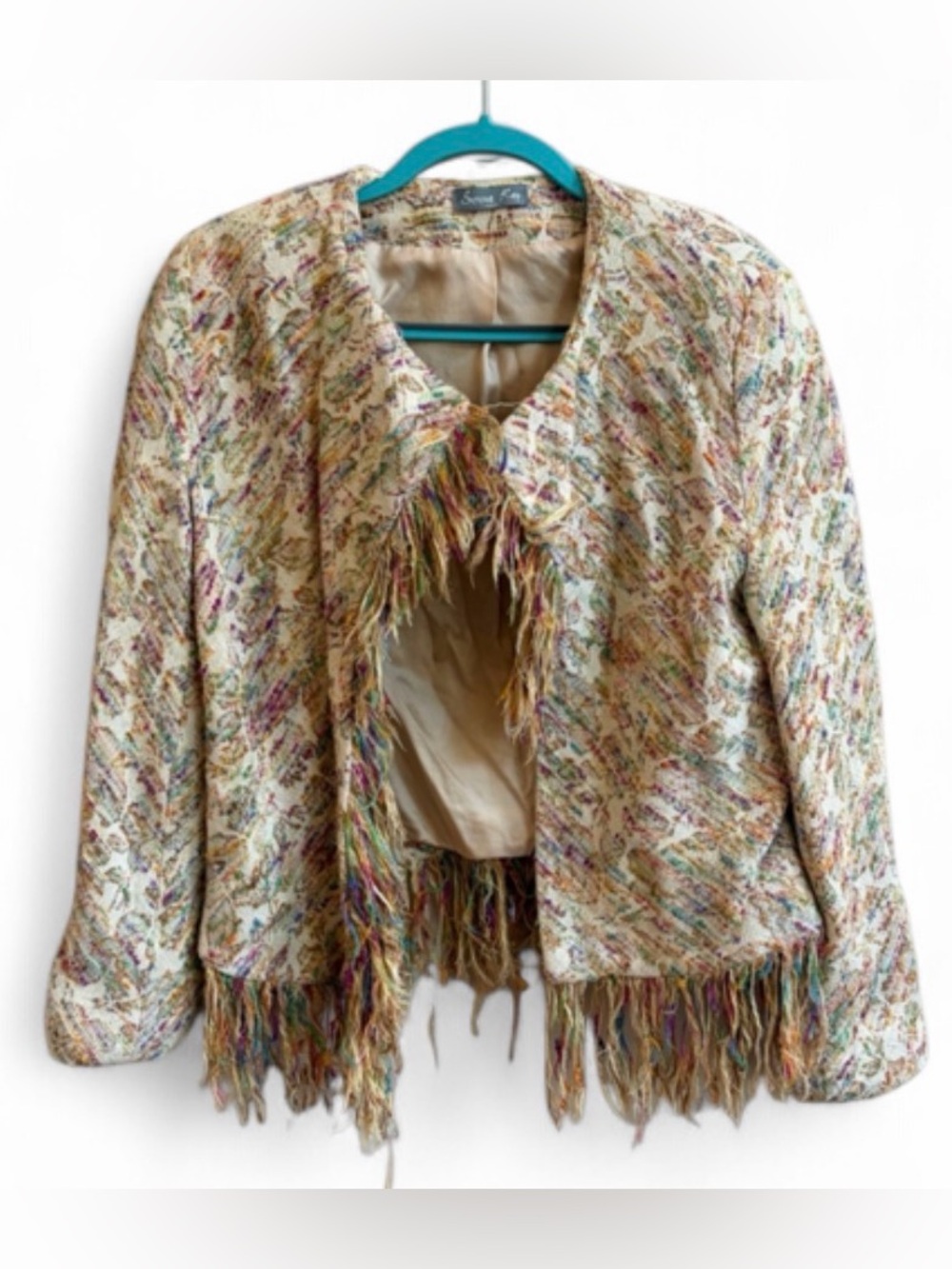 Serena Kay France Vintage Multicolor Open Front Fringe Cropped Jacket Blazer